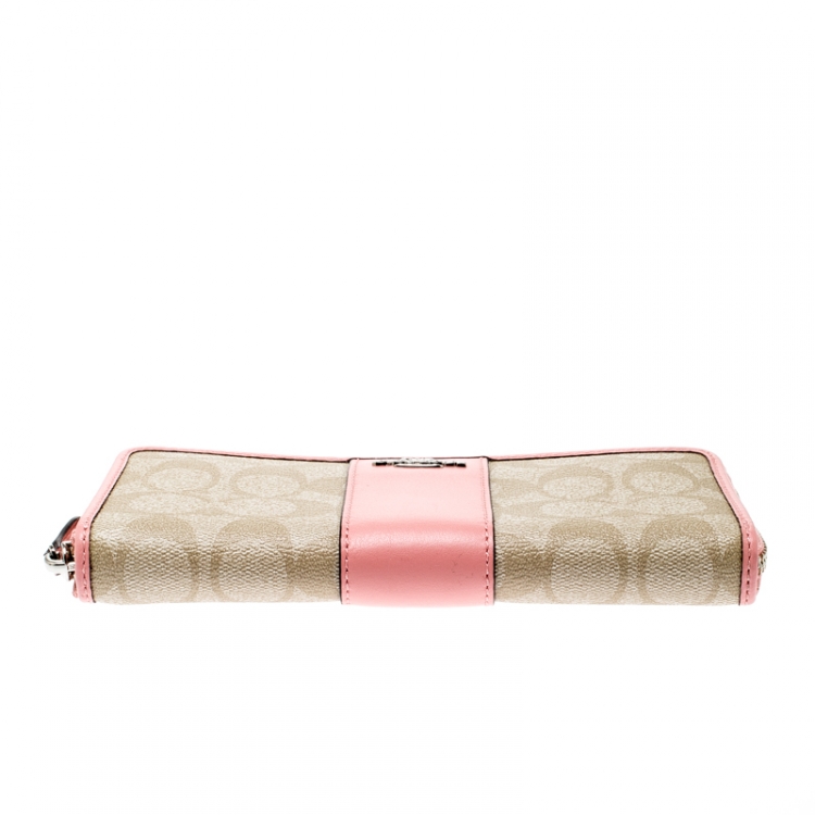 Pre Owned  Coach Beige/Pink Signature PVC and Leather Accordion Zip Around Wallet