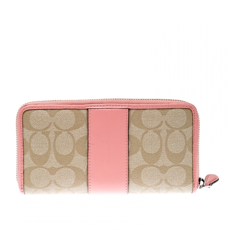 Pre Owned  Coach Beige/Pink Signature PVC and Leather Accordion Zip Around Wallet