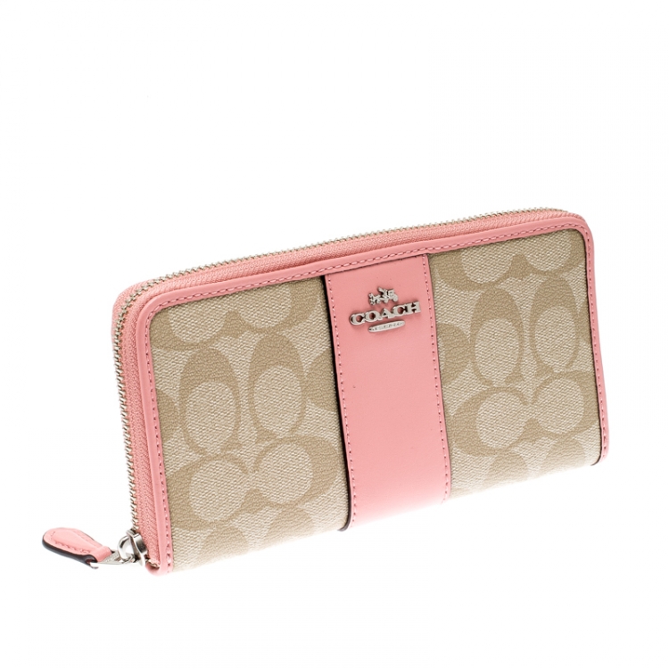 Pre Owned  Coach Beige/Pink Signature PVC and Leather Accordion Zip Around Wallet