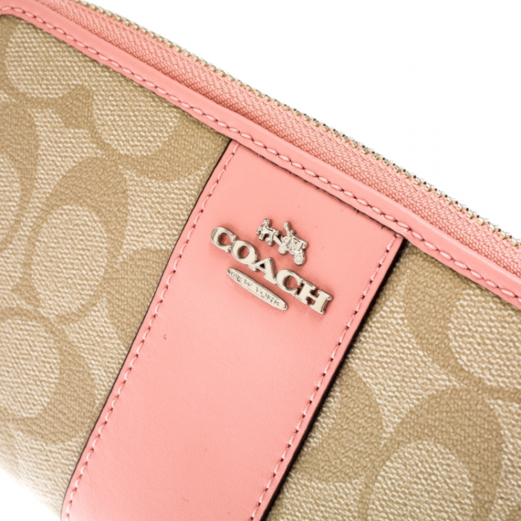 Pre Owned  Coach Beige/Pink Signature PVC and Leather Accordion Zip Around Wallet