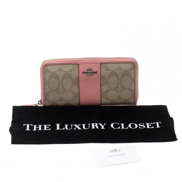 Pre Owned  Coach Beige/Pink Signature PVC and Leather Accordion Zip Around Wallet