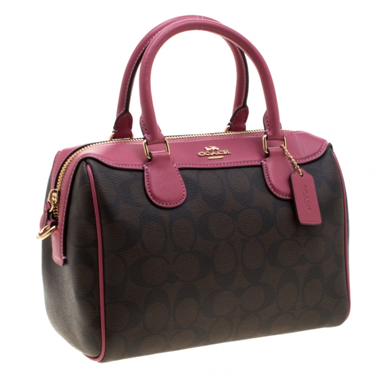 Pre Owned Coach Brown/Fuchsia Signature Coated Canvas and Leather Mini Bennett Satchel