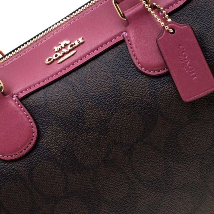 Pre Owned Coach Brown/Fuchsia Signature Coated Canvas and Leather Mini Bennett Satchel