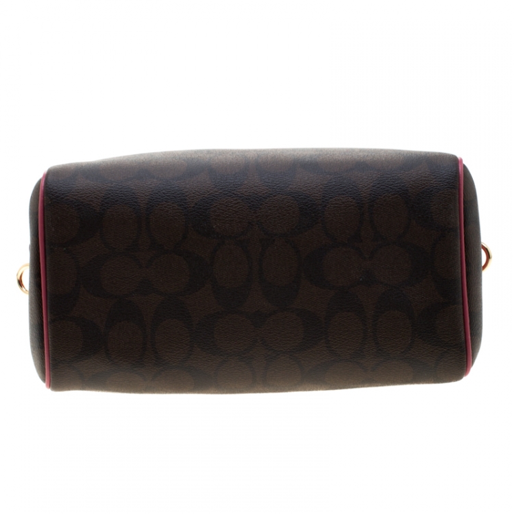 Pre Owned Coach Brown/Fuchsia Signature Coated Canvas and Leather Mini Bennett Satchel