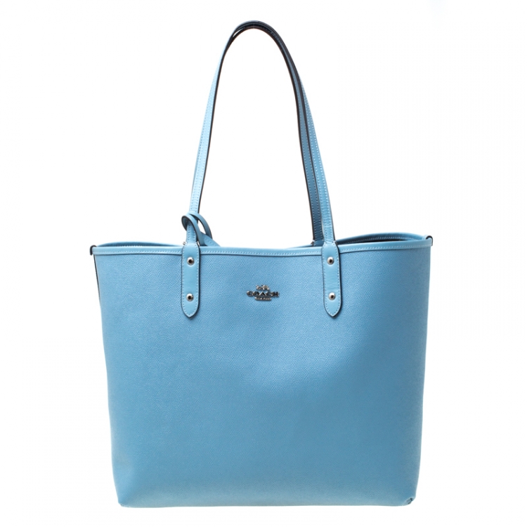 Pre Owned Coach Brown/Blue Floral Print And Signature Coated Canvas and Leather Reversible City Tote