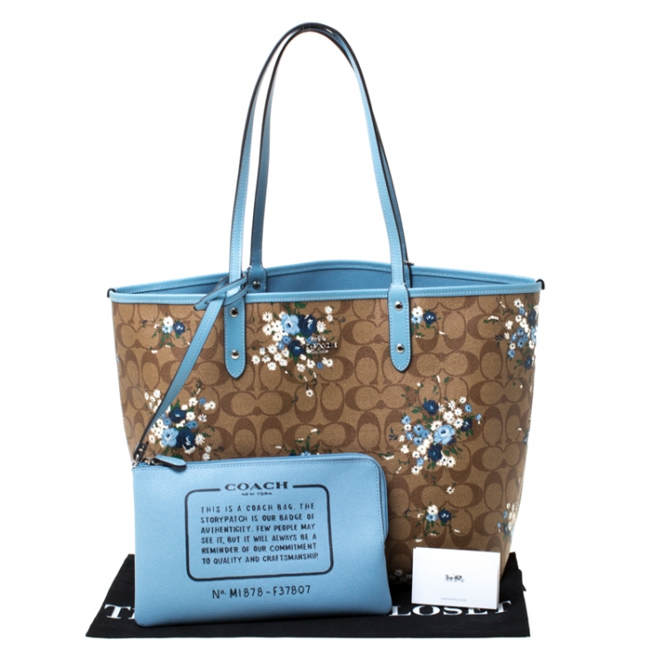Pre Owned Coach Brown/Blue Floral Print And Signature Coated Canvas and Leather Reversible City Tote
