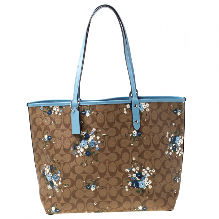 Pre Owned Coach Brown/Blue Floral Print And Signature Coated Canvas and Leather Reversible City Tote