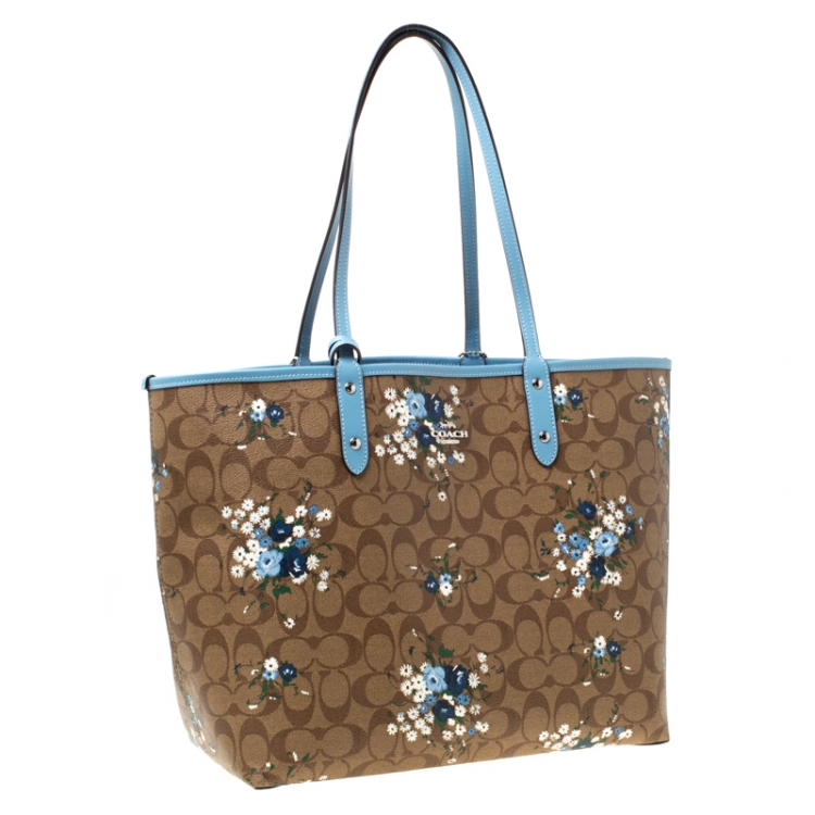 Pre Owned Coach Brown/Blue Floral Print And Signature Coated Canvas and Leather Reversible City Tote