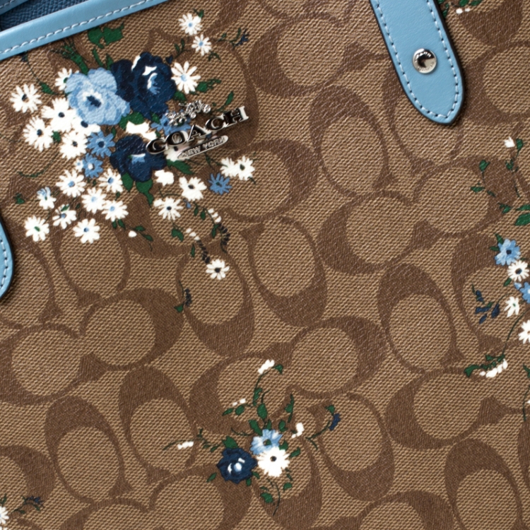 Pre Owned Coach Brown/Blue Floral Print And Signature Coated Canvas and Leather Reversible City Tote