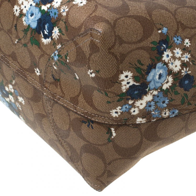 Pre Owned Coach Brown/Blue Floral Print And Signature Coated Canvas and Leather Reversible City Tote