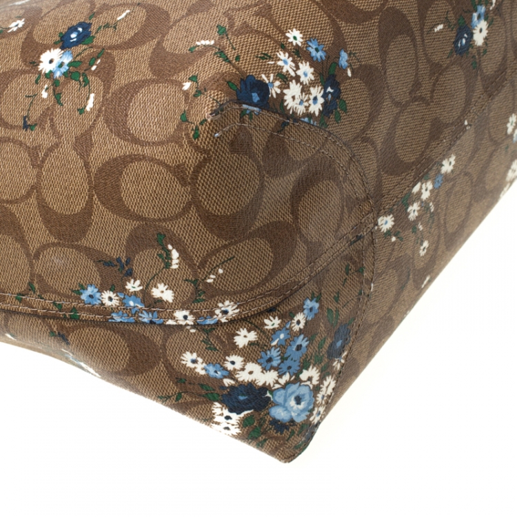 Pre Owned Coach Brown/Blue Floral Print And Signature Coated Canvas and Leather Reversible City Tote