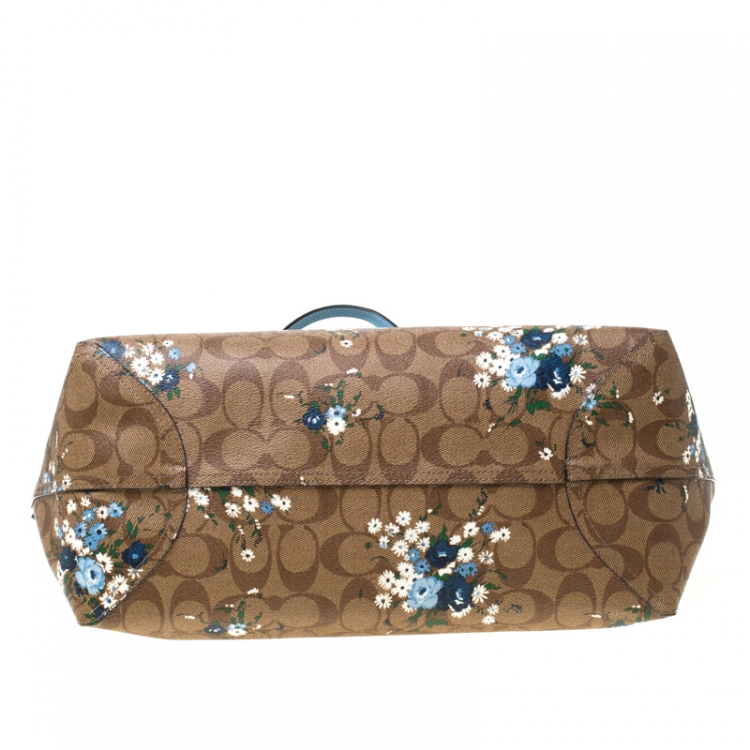 Pre Owned Coach Brown/Blue Floral Print And Signature Coated Canvas and Leather Reversible City Tote