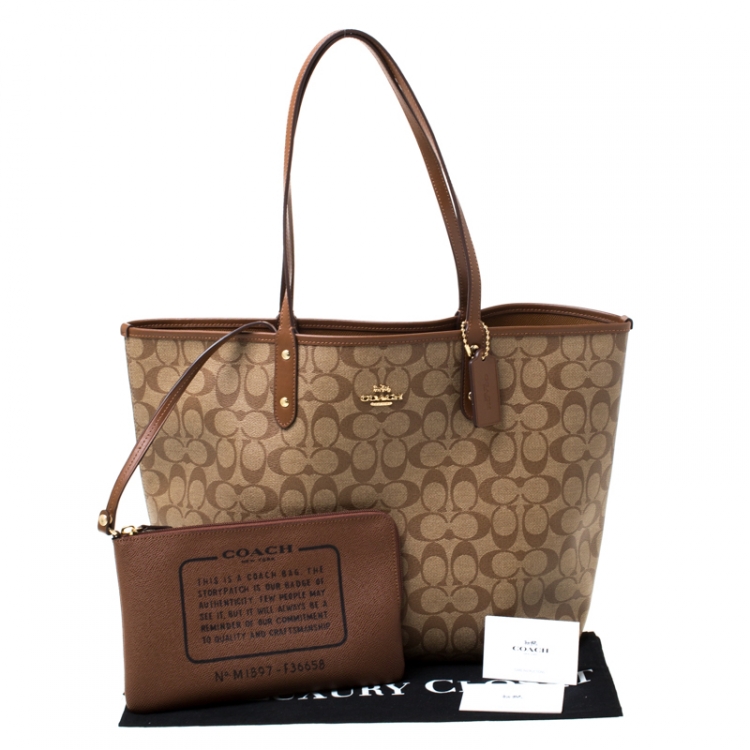 Pre Owned Coach Brown Signature Coated Canvas and Leather Reversible City Tote