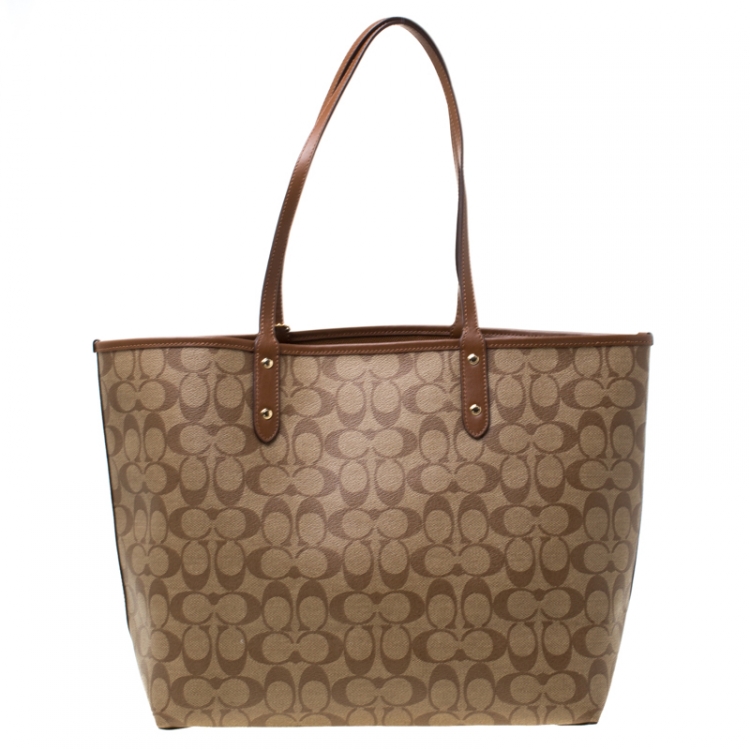 Pre Owned Coach Brown Signature Coated Canvas and Leather Reversible City Tote