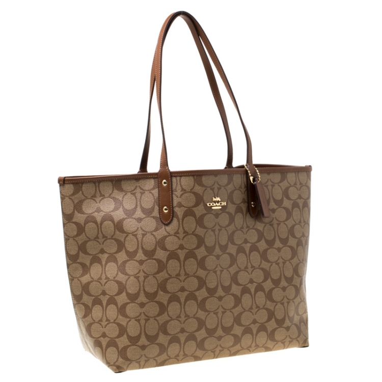 Pre Owned Coach Brown Signature Coated Canvas and Leather Reversible City Tote