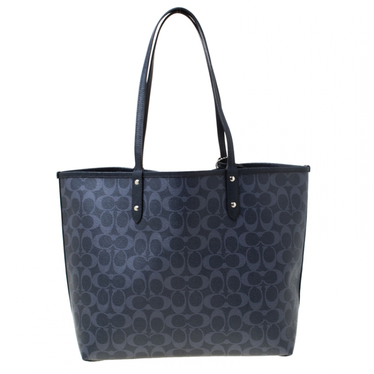 Pre Owned Coach Midnight Blue Signature Coated Canvas Reversible City Tote