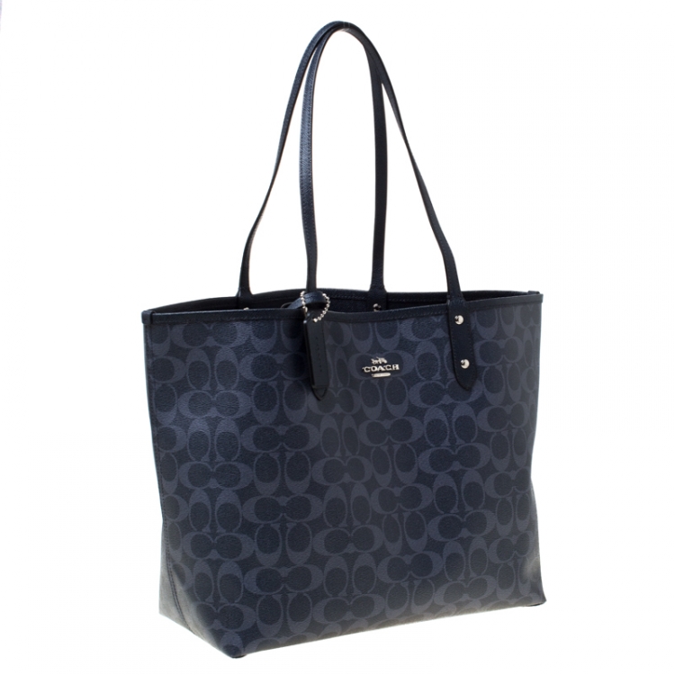 Pre Owned Coach Midnight Blue Signature Coated Canvas Reversible City Tote