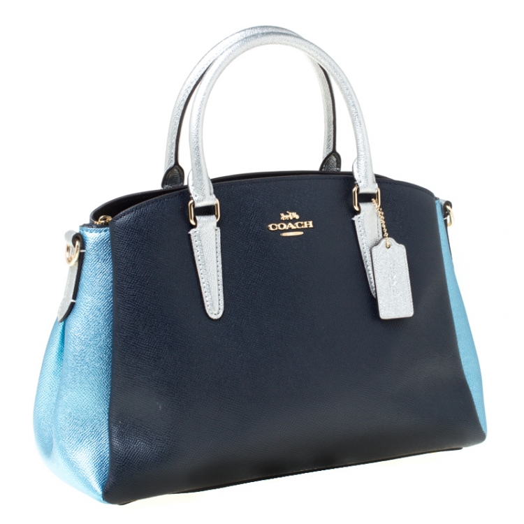 Pre Owned Coach Blue/Silver Leather Sage Carryall Satchel