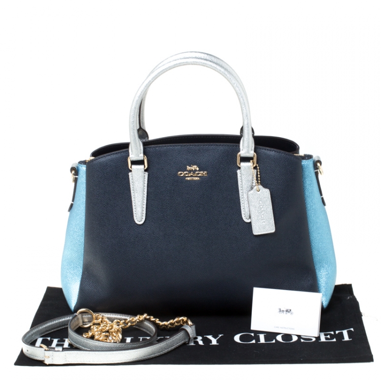 Pre Owned Coach Blue/Silver Leather Sage Carryall Satchel