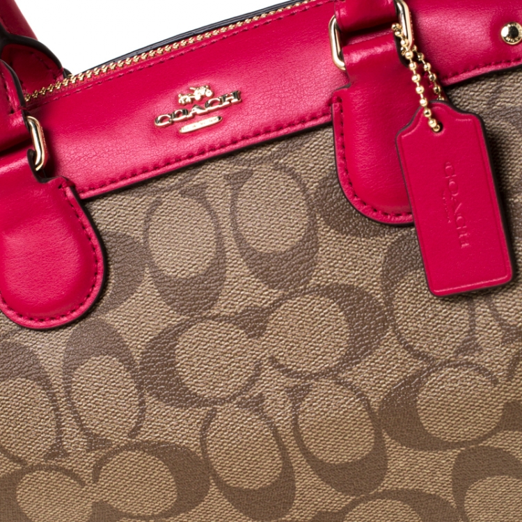 Pre Owned Coach Beige/Hot Pink Signature Coated Canvas and Leather Mini Bennett Satchel