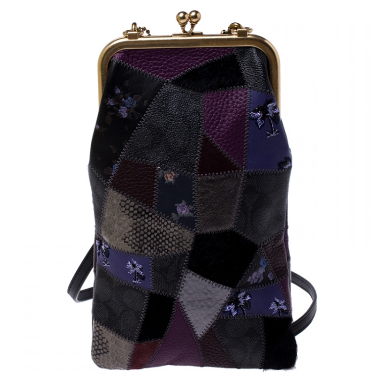 Pre Owned Coach Multicolor Patch Leather and Calfhair Kiss Lock Clutch