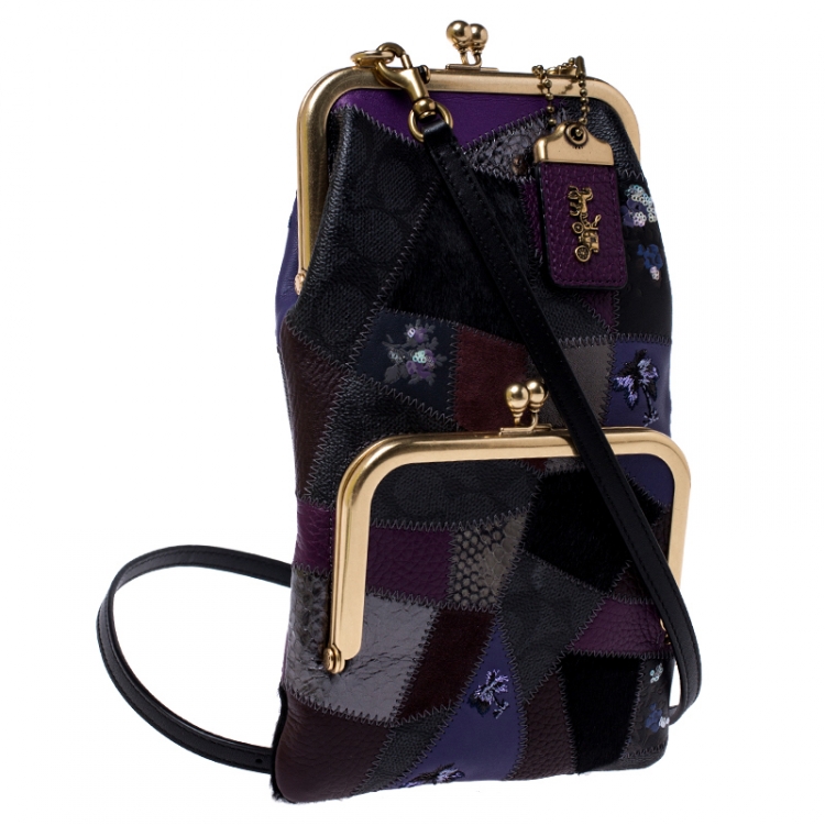 Pre Owned Coach Multicolor Patch Leather and Calfhair Kiss Lock Clutch