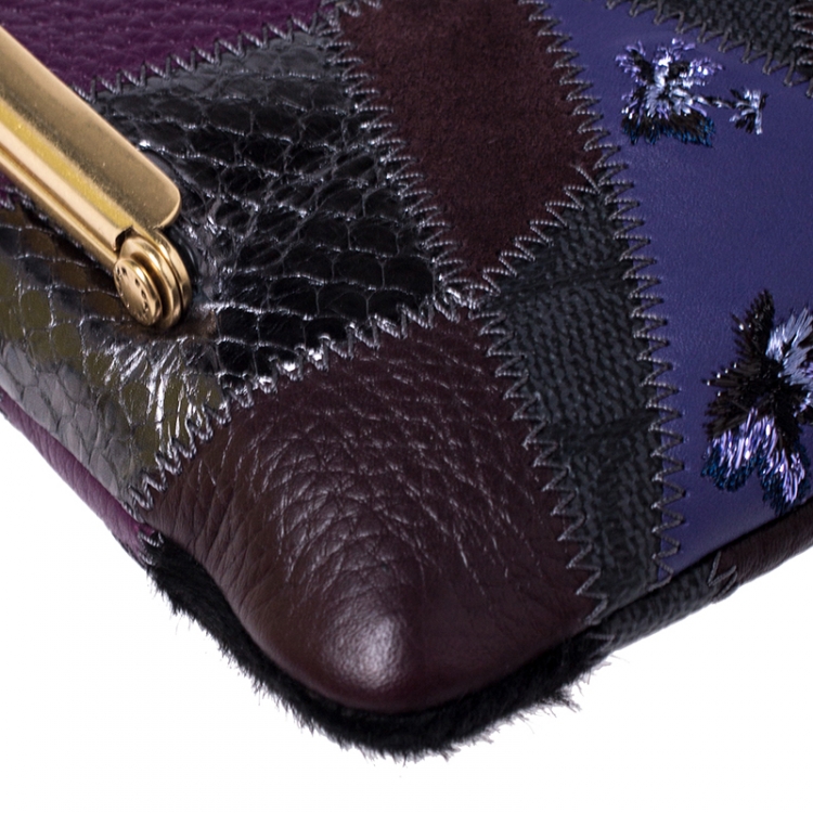 Pre Owned Coach Multicolor Patch Leather and Calfhair Kiss Lock Clutch