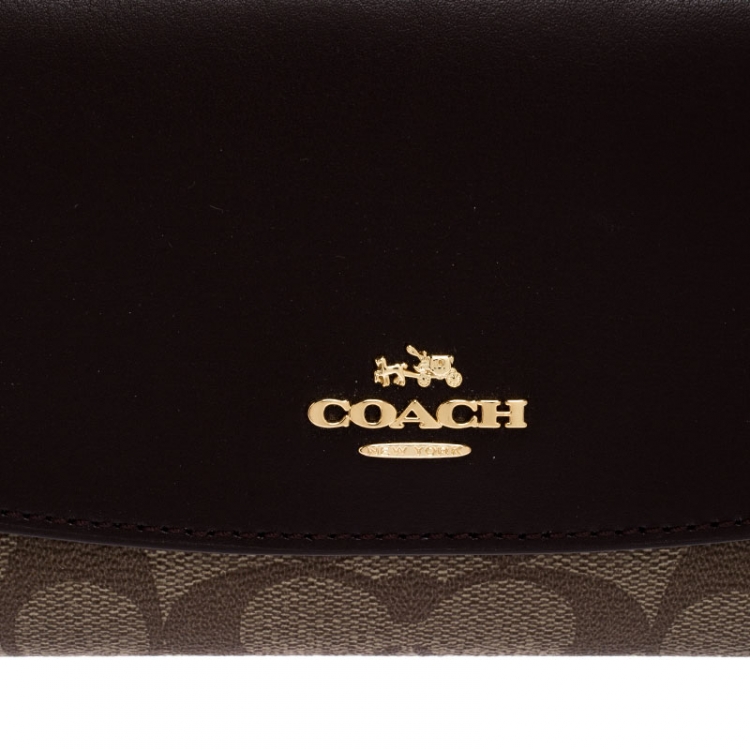 Pre Owned Coach Brown Signature Coated Canvas Trifold Slim Envelope Wallet