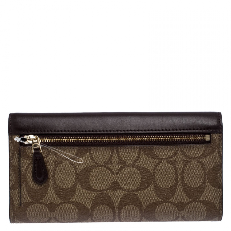 Pre Owned Coach Brown Signature Coated Canvas Trifold Slim Envelope Wallet