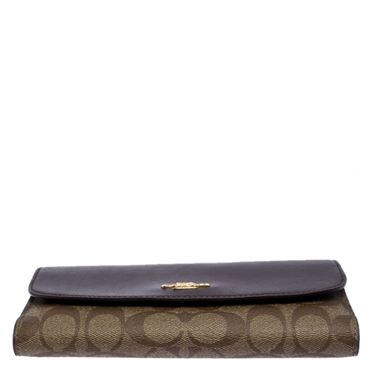 Pre Owned Coach Brown Signature Coated Canvas Trifold Slim Envelope Wallet