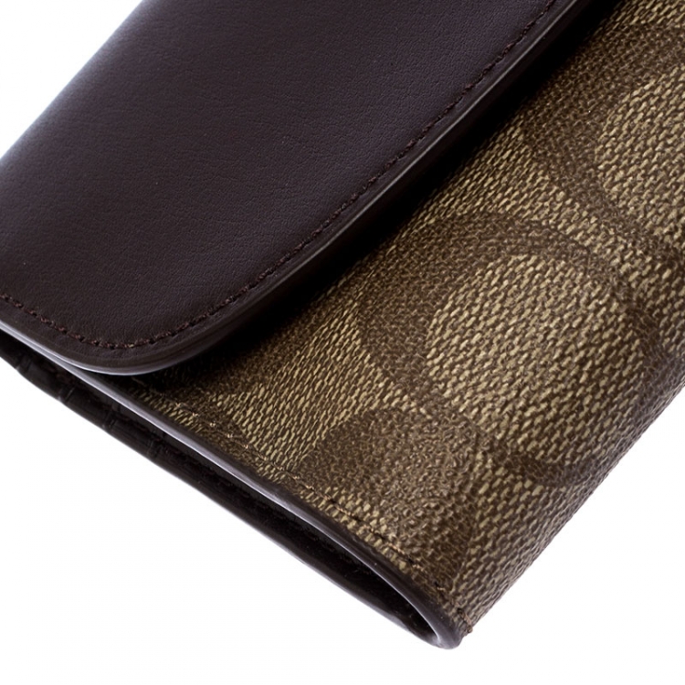 Pre Owned Coach Brown Signature Coated Canvas Trifold Slim Envelope Wallet