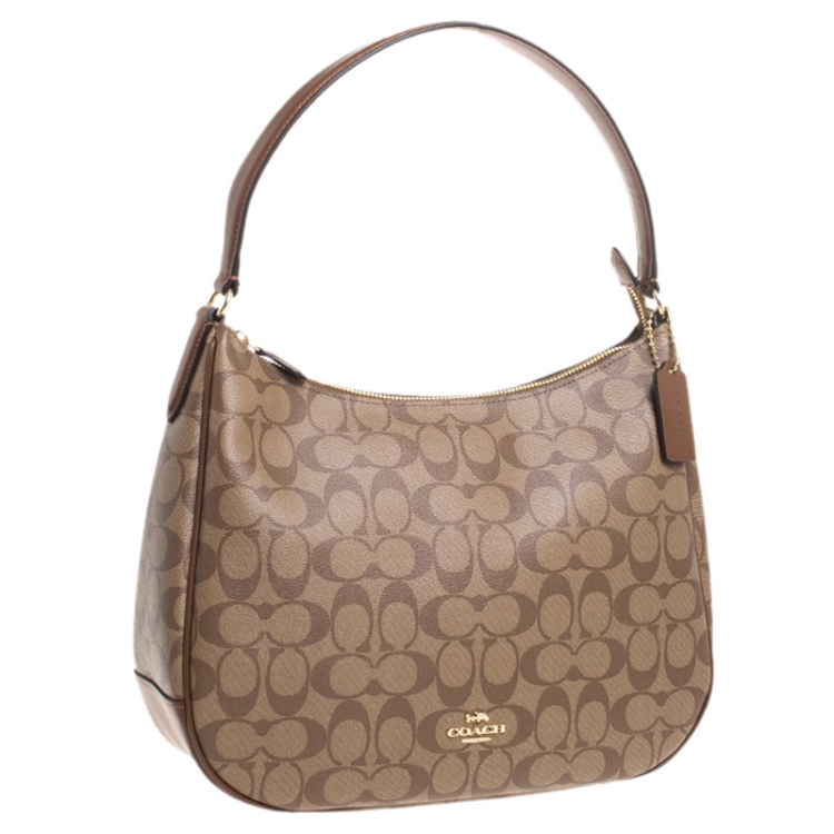 Pre Owned Coach Brown Signature Coated Canvas and Leather Zip Hobo