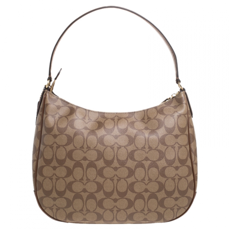 Pre Owned Coach Brown Signature Coated Canvas and Leather Zip Hobo