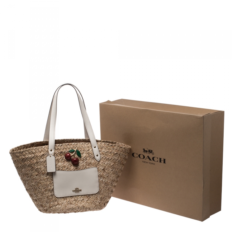 Pre Owned Coach Beige/White Cherry Straw and Leather Basket Tote