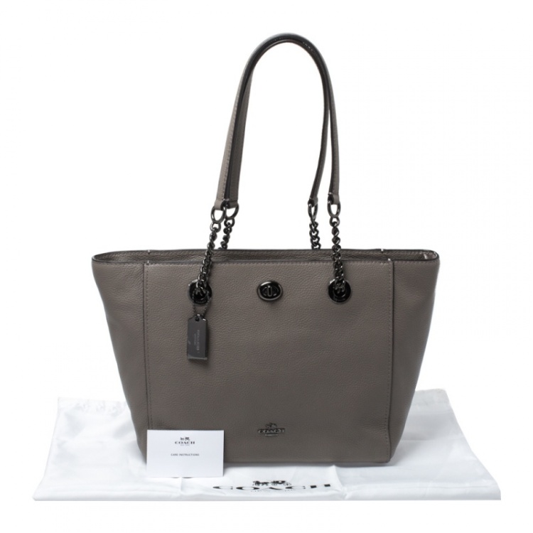 Pre Owned Coach Grey Leather Turnlock Tote