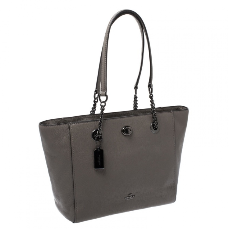 Pre Owned Coach Grey Leather Turnlock Tote