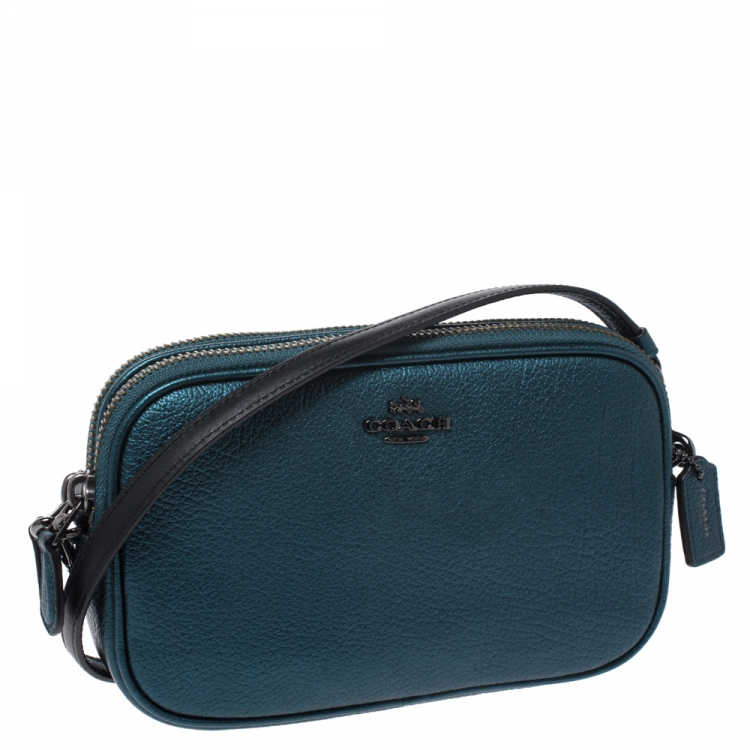 Pre Owned Coach Metallic Green Leather Double Zip Crossbody Bag