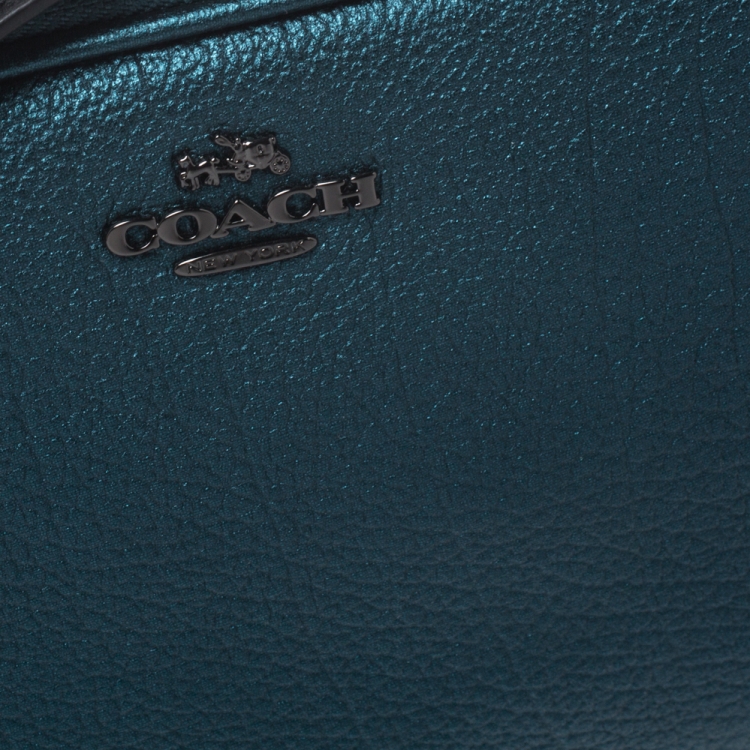Pre Owned Coach Metallic Green Leather Double Zip Crossbody Bag