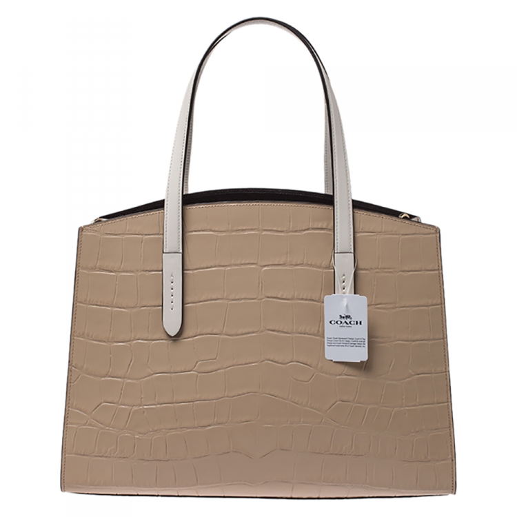 Pre Owned Coach Beige Crocodile Embossed Leather Charlie Tote