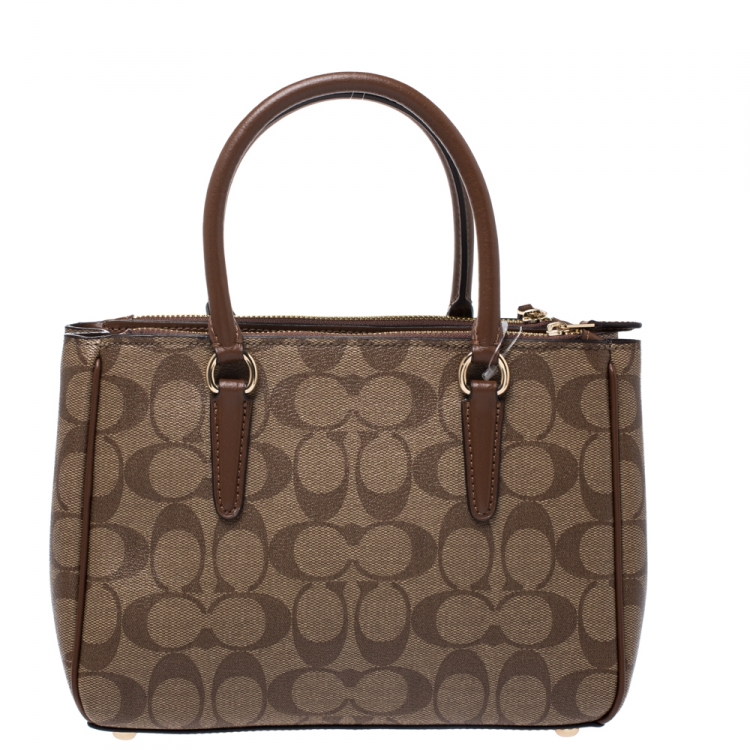 Pre Owned Coach Beige/Tan Coated Canvas Mini Surrey Carryall Tote