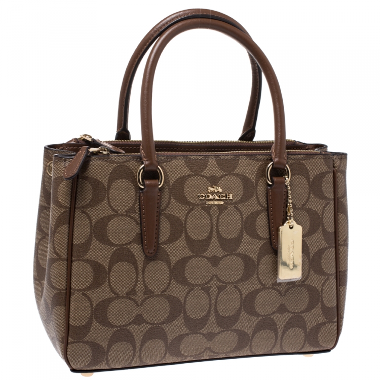 Pre Owned Coach Beige/Tan Coated Canvas Mini Surrey Carryall Tote