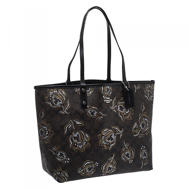 Pre Owned Coach Brown Floral Print Coated Canvas City Tote
