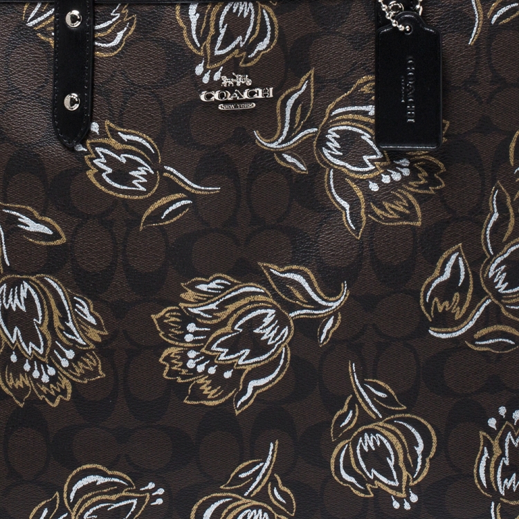Pre Owned Coach Brown Floral Print Coated Canvas City Tote