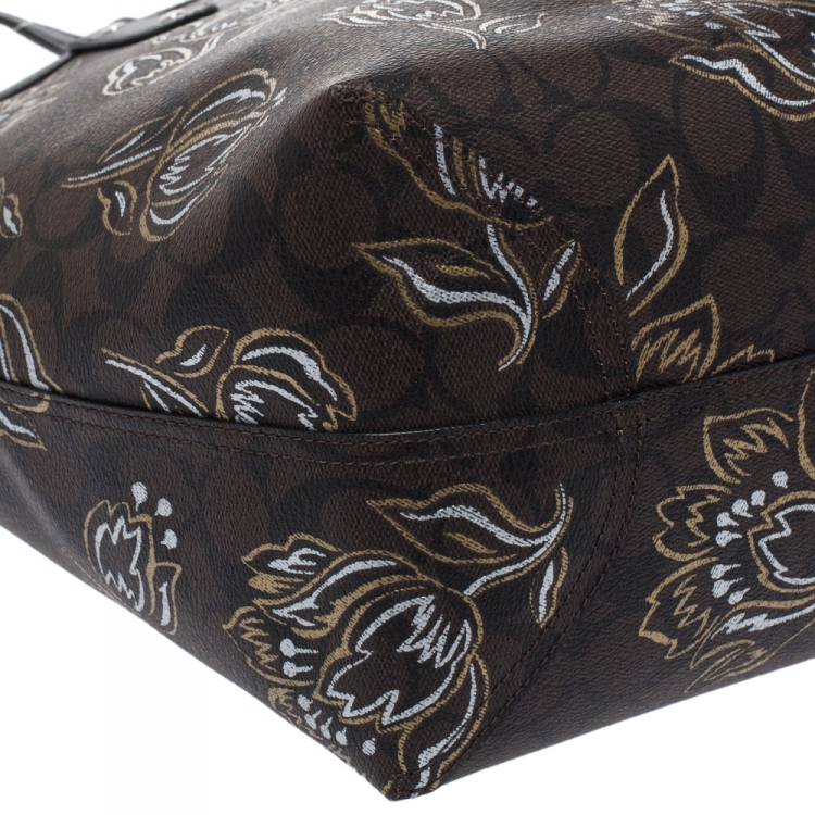 Pre Owned Coach Brown Floral Print Coated Canvas City Tote