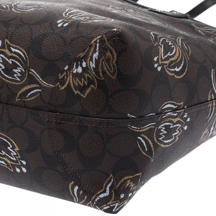 Pre Owned Coach Brown Floral Print Coated Canvas City Tote