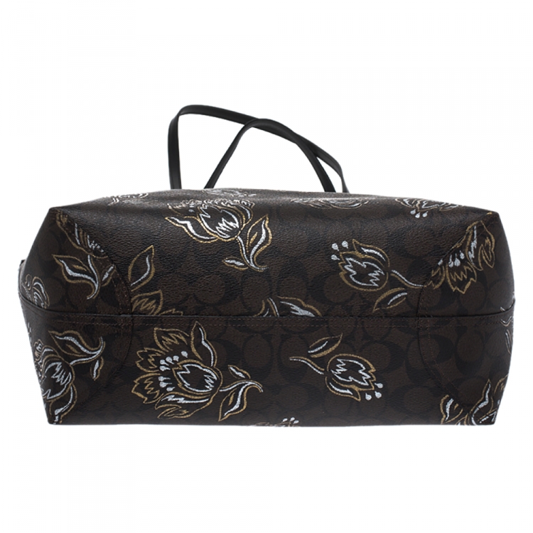 Pre Owned Coach Brown Floral Print Coated Canvas City Tote