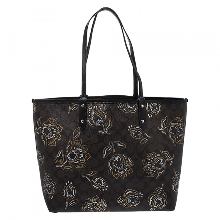 Pre Owned Coach Brown Floral Print Coated Canvas City Tote