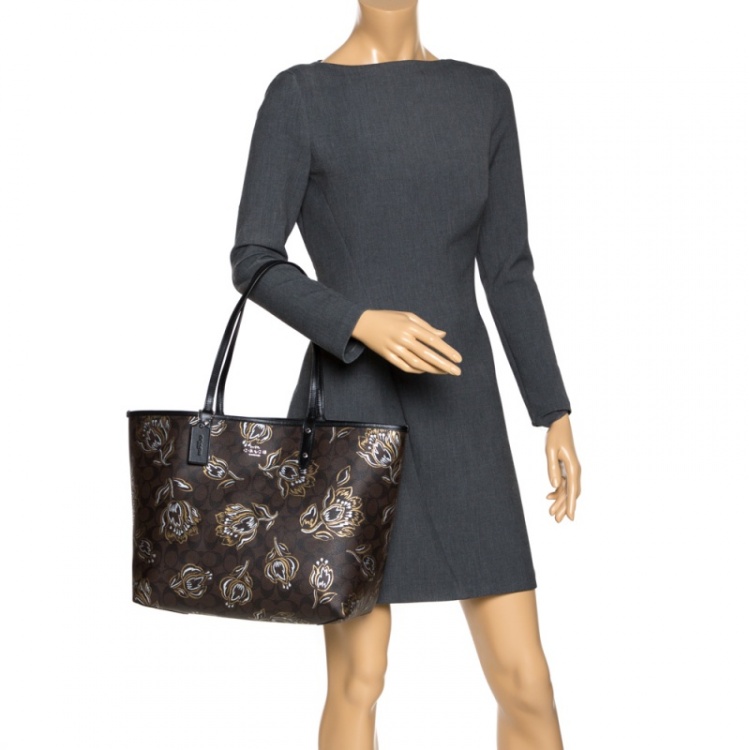 Pre Owned Coach Brown Floral Print Coated Canvas City Tote