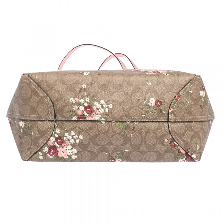 Pre Owned Coach Pink/Beige Signature Floral Print Coated Canvas and Leather Reversible City Tote