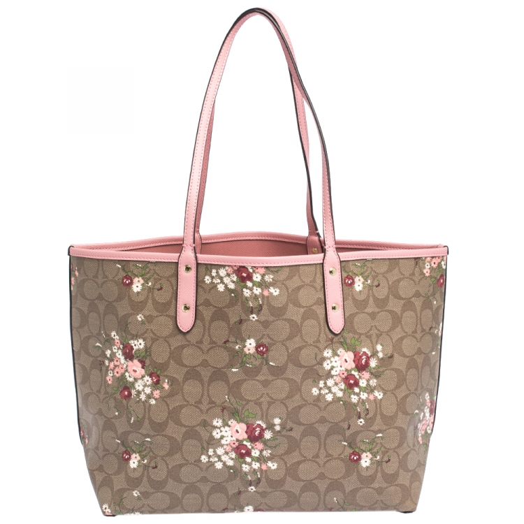 Pre Owned Coach Pink/Beige Signature Floral Print Coated Canvas and Leather Reversible City Tote
